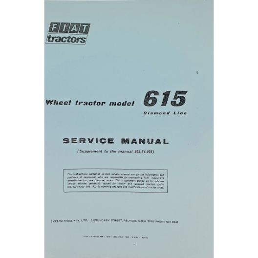 MANUAL SERVICE FIAT 615 (Part Number: MANWSFIAT615) - Call South Burnett Tractor Parts on 07 4164 2000