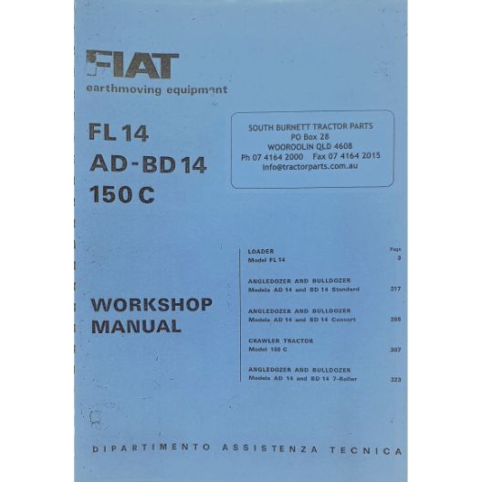 MANUAL WORKSHOP FL14 AD-BD14 (Part Number: MANWSFIATFL14) - Call South Burnett Tractor Parts on 07 4164 2000